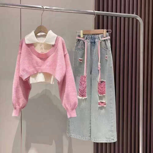 女童装春秋装毛衣三件套装2024新款秋季中大童女孩时髦洋气多巴胺
