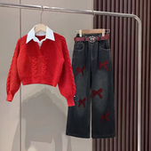 秋冬装 2025新款 冬季 女童两件套装 儿童毛衣女孩时髦加绒洋气牛仔裤