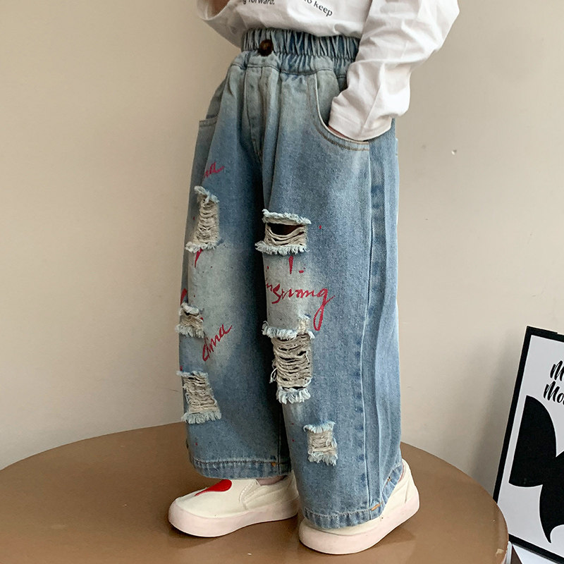 小女孩洋气裤子春秋2025新款休闲阔腿裤春装女童女宝宝破洞牛仔裤,童装/婴儿装/亲子装,儿童牛仔裤,淘宝优惠券,粉丝福利购,淘宝优惠卷