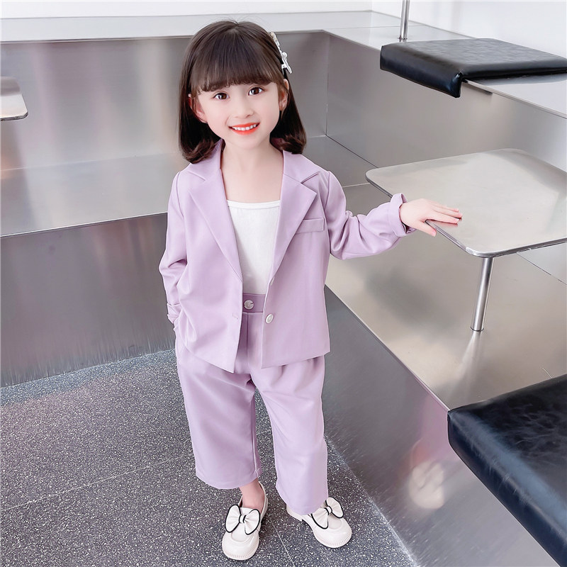 小女孩春秋紫色西装套装2025新款时髦女童西服春装宝宝休闲两件套