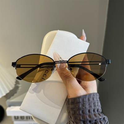 复古茶色片金属半框椭圆墨镜