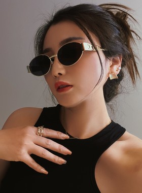 复古美式金属小框圆脸墨镜女ins高级感椭圆形防晒街拍太阳镜潮男