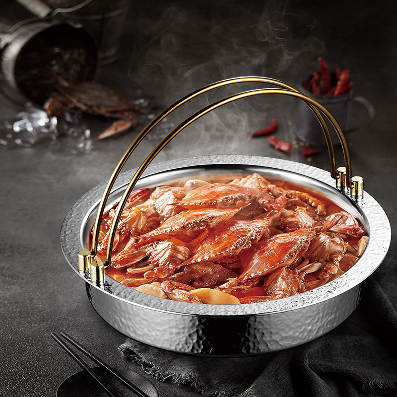 三层钢锤印锅日式寿喜烧锅具专用锅手提吊锅鸳鸯火锅花胶鸡锤印锅