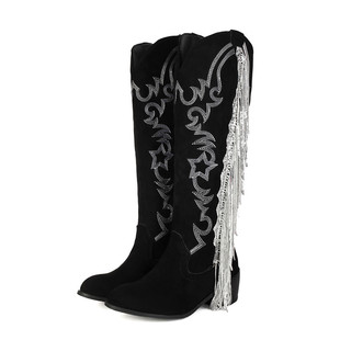 外贸原单女士粗跟高筒靴子人造革定制大码方根圆头冬季秋季女鞋靴