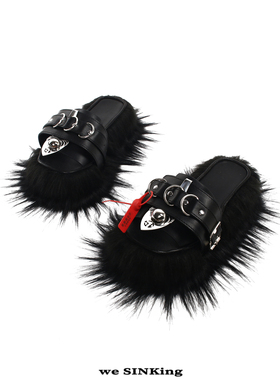 沉没SINKing | net系列faux fur black slippers黑色朋克毛毛拖鞋