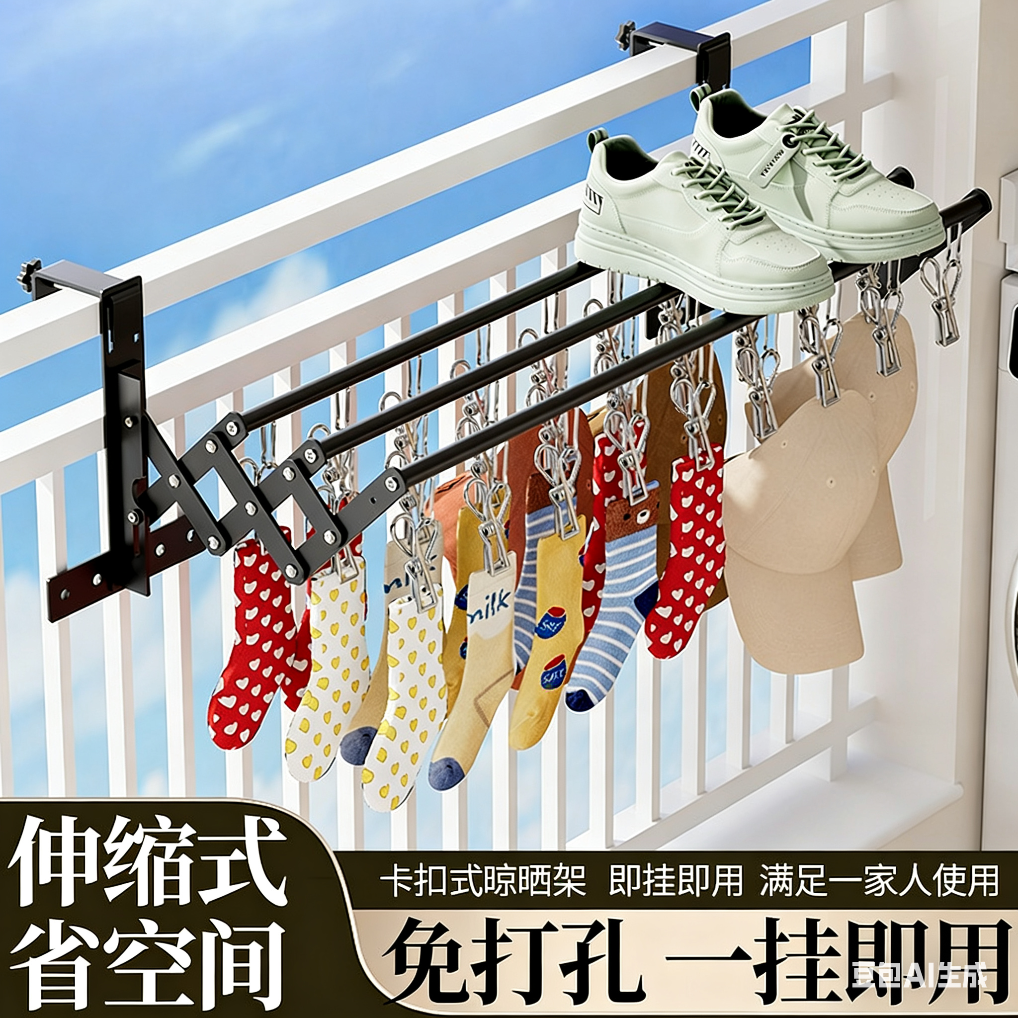 阳台晾衣神器防盗窗护栏晾衣架窗户多功能晾晒杆窗台家用晒袜子架