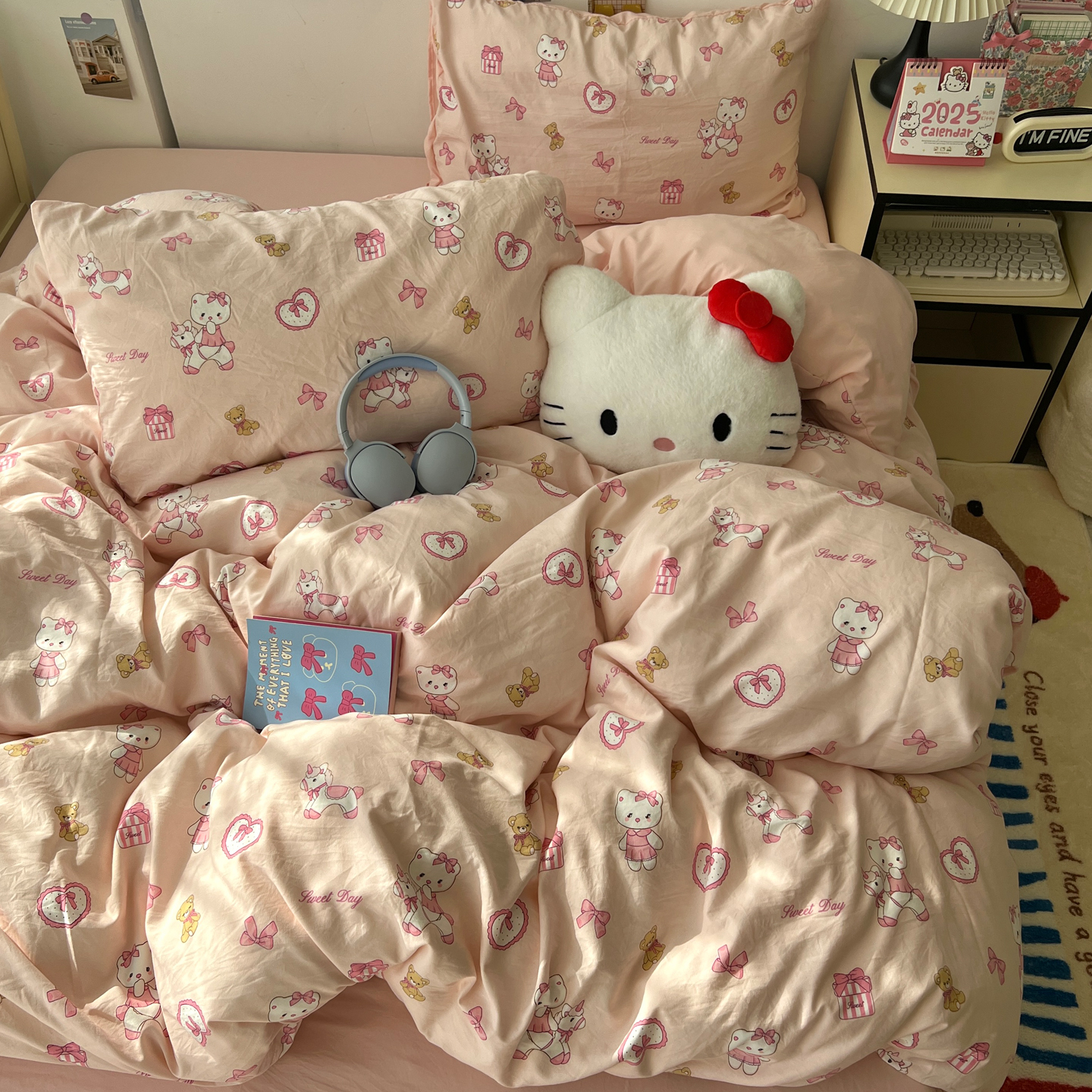 ins超柔少女心粉色KT猫毛巾绣水洗棉四件套非纯棉宿舍床单三件套4