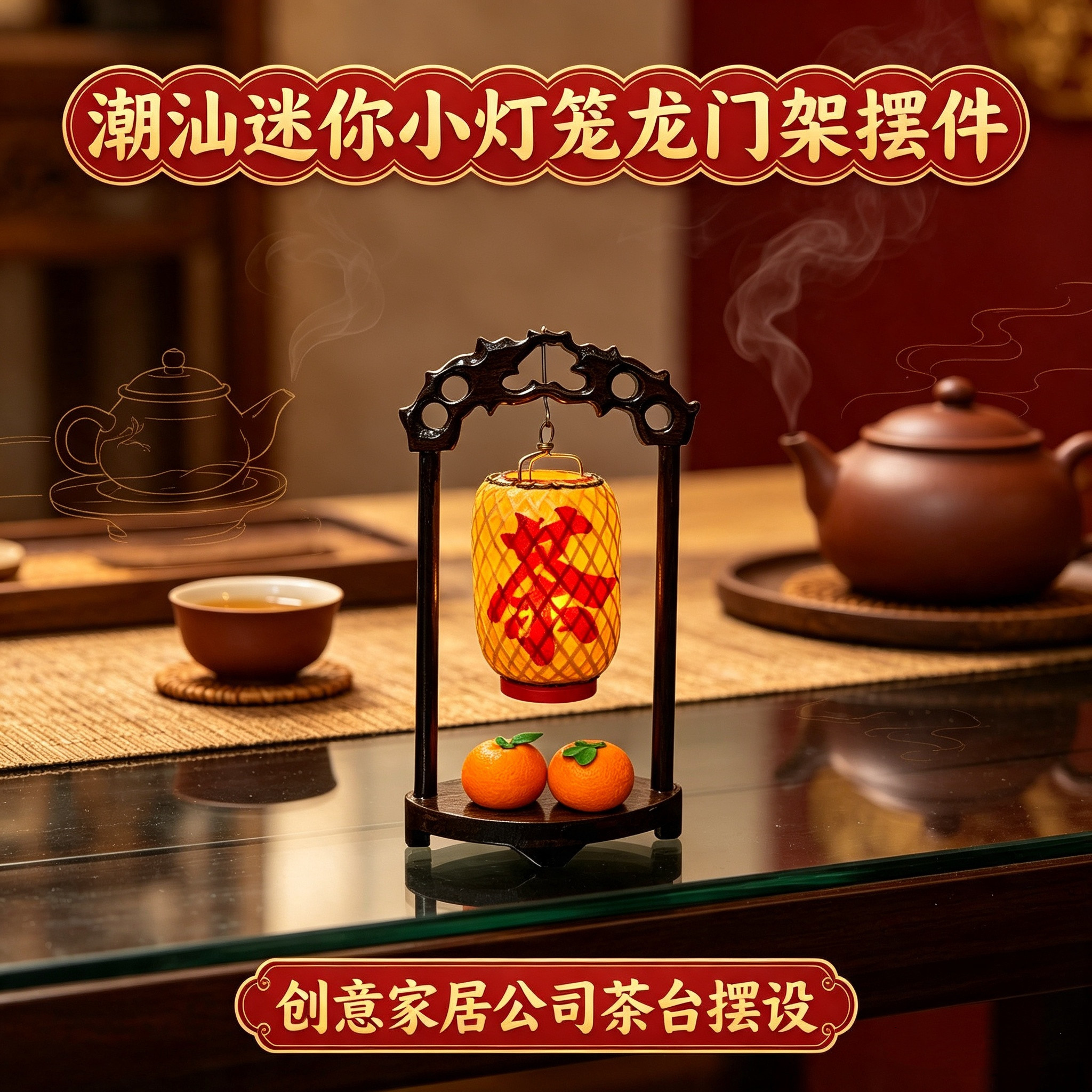 潮汕迷你竹编小灯笼龙门架摆件