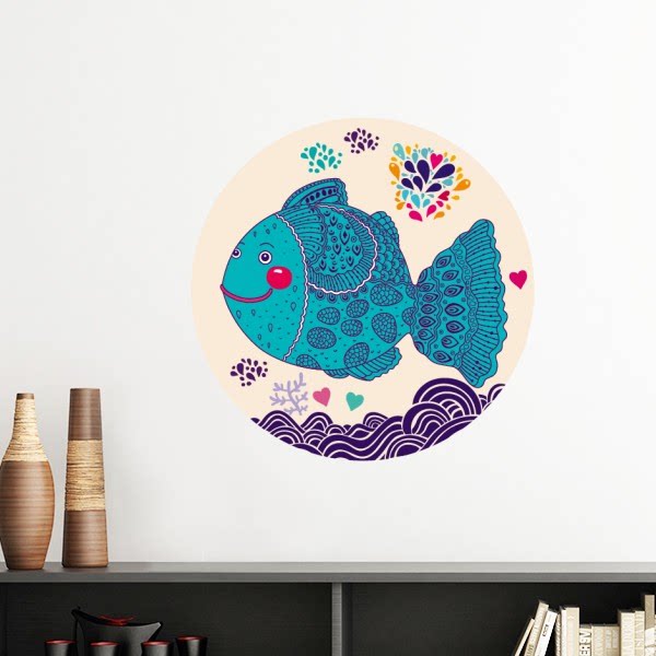 线描卡通鱼波浪珊瑚墙贴壁纸房间贴花