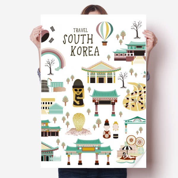 韩国旅行观光手绘海报贴纸80x55cm墙贴纸卧室家居装饰