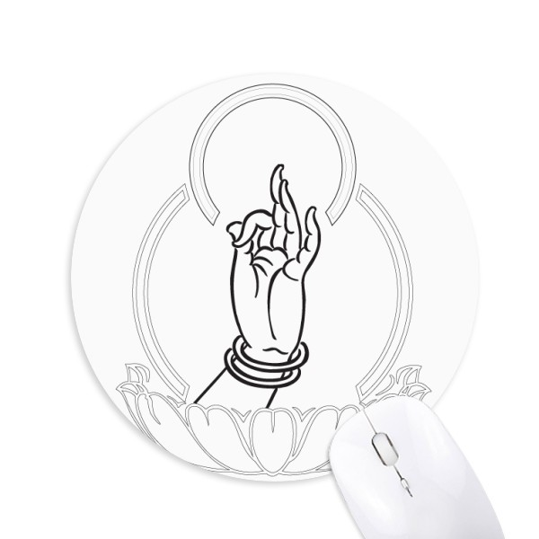 吉祥白描手莲花图案圆形游戏办公防滑橡胶鼠标垫礼物