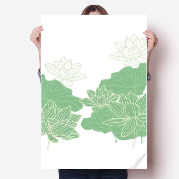 荷花荷叶花苞线条插画海报贴纸80x55cm墙贴纸卧室家居装饰
