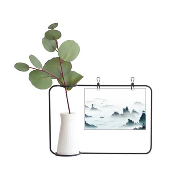 山水墨色中国古风插画金属相框陶瓷花瓶装饰