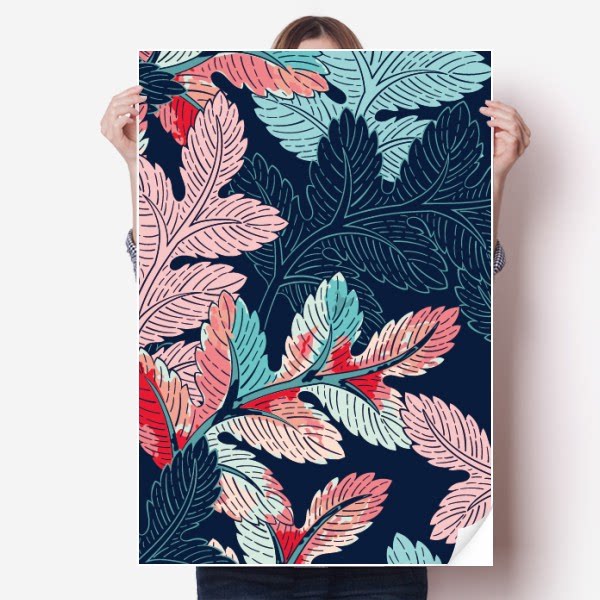 粉叶子植物手绘花卉海报贴纸80x55cm墙贴纸卧室家居装饰