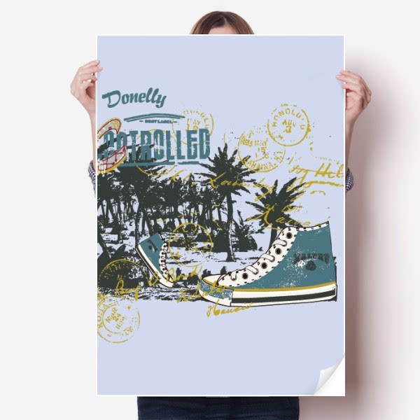 帆布鞋椰子树纹样插画海报贴纸80x55cm墙贴纸卧室家居装饰