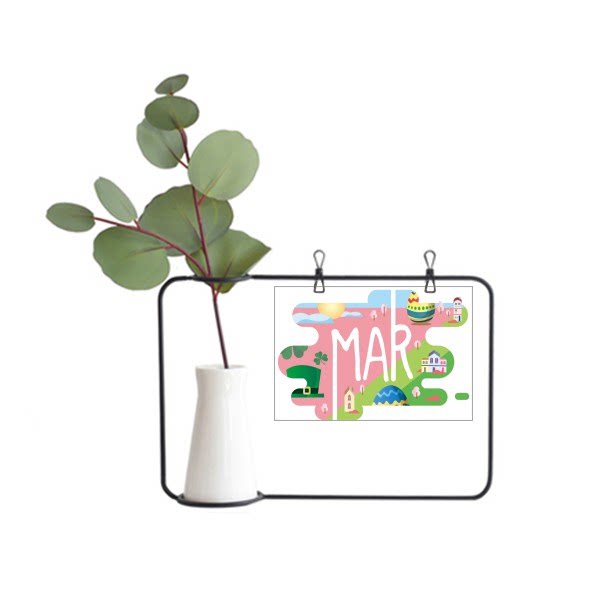 三月march月份季节插画金属相框陶瓷花瓶装饰