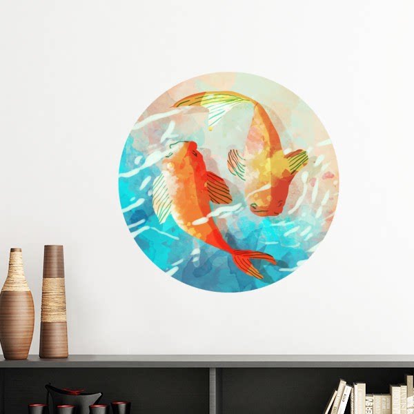 水彩风格红日本锦鲤墙贴壁纸房间贴花
