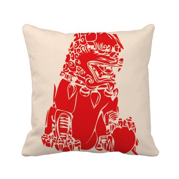 中国红色狮子剪纸图案方形抱枕靠枕沙发靠垫双面含芯礼物