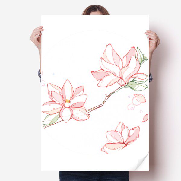 水彩桃花树叶树枝海报贴纸80x55cm墙贴纸卧室家居装饰