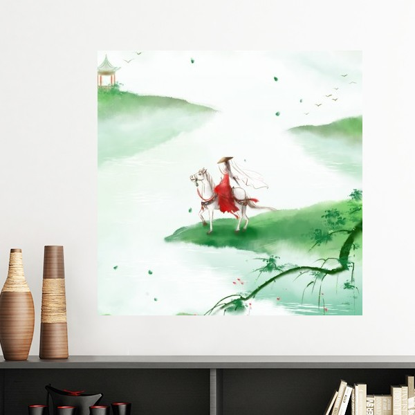 踏马游春中国古风插画墙贴壁纸房间贴花