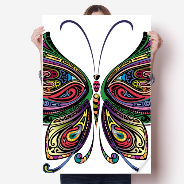 彩色花纹翅膀美丽蝴蝶插画海报贴纸80x55cm墙贴纸卧室家居装饰