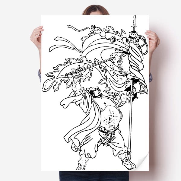 中国名著水浒传人物白描海报贴纸80x55cm墙贴纸卧室家居装饰