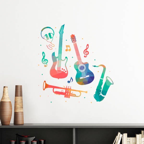 音乐绿色粉色多彩乐器图案墙贴壁纸房间贴花