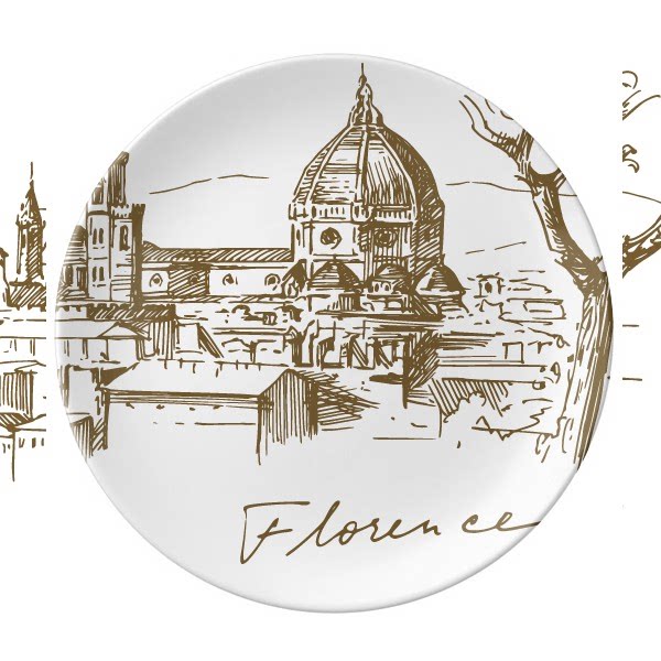 大教堂意大利地标素描陶瓷餐盘子8寸月光盘餐具家居礼物