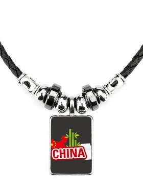中国地图竹子红色唐人街图案手工皮绳项链吊坠饰品