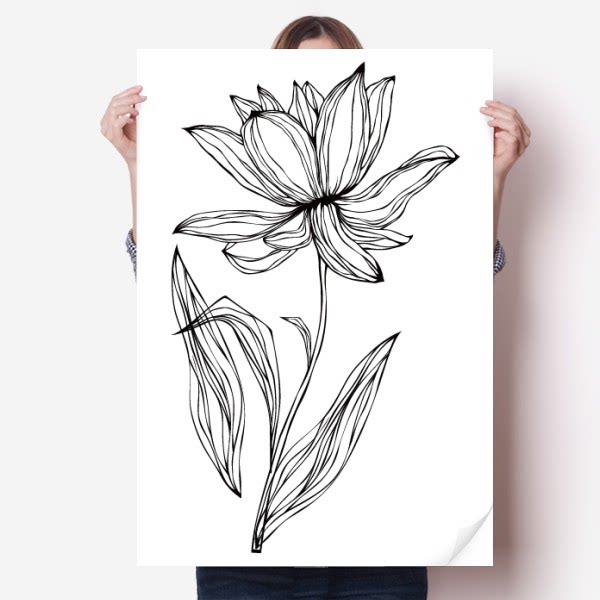 荷花黑色线条花卉植物海报贴纸80x55cm墙贴纸卧室家居装饰