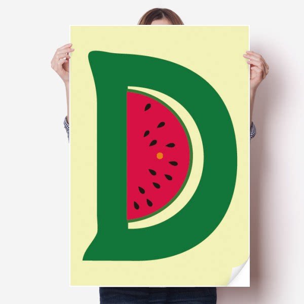 d字母西瓜水果有趣可爱插画图案海报80x55cm墙卧室家居装饰