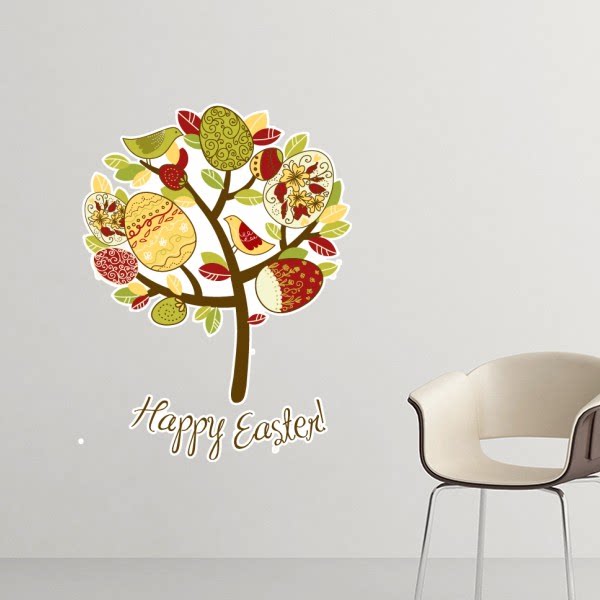 复活节快乐彩色彩蛋树叶子小鸟墙贴纸教室宿舍可移除装饰画