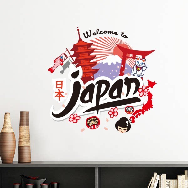 招财猫富士山鸟居日本涂鸦墙贴壁纸房间贴花