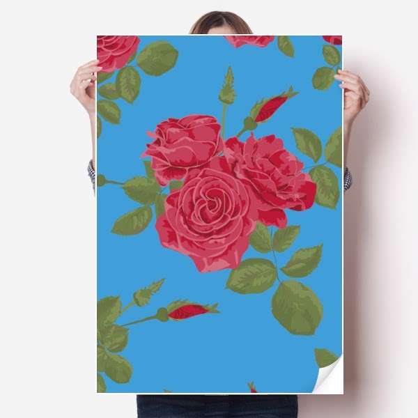 蓝红蔷薇植物手绘花卉海报贴纸80x55cm墙贴纸卧室家居装饰