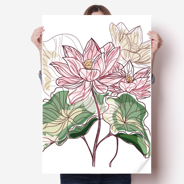 荷花荷叶莲藕水彩插画海报贴纸80x55cm墙贴纸卧室家居装饰图片
