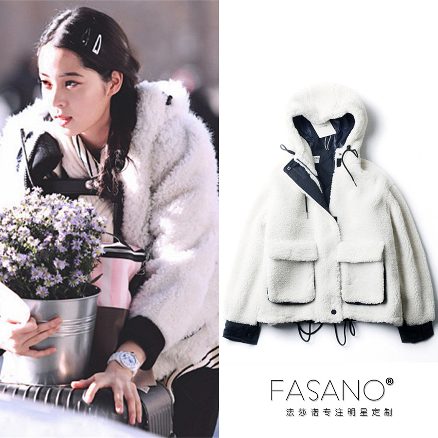 明星秋冬 欧阳娜娜同款甜美风白色宽松连帽羔羊毛毛绒外套大衣女