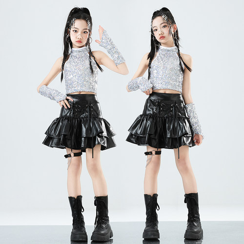 女孩潮服爵士舞演出服少儿亮片炫酷jazz上衣模特走秀女团露脐舞蹈