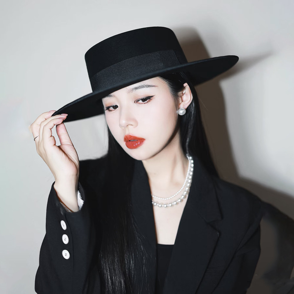 春秋冬季男女同款毛呢平顶平檐礼帽欧美英伦复古经典宽檐圆形帽子