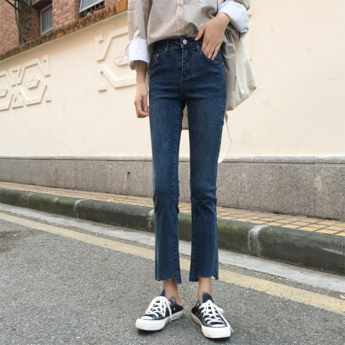 Autumn Korean version of high waist, slim and elastic irregular trousers feet micro-jeans