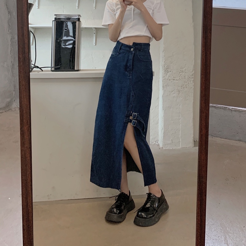 Real price new Korean high waist slim half length skirt split A-line denim skirt