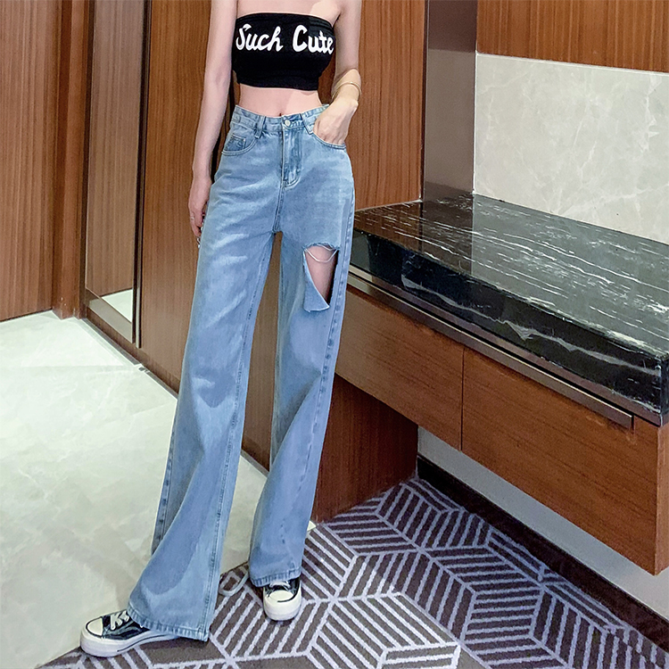 Real price Hong Kong Style pierced jeans high waist straight tube show thin