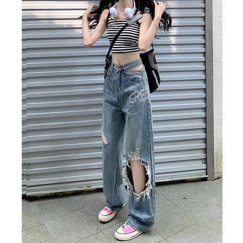 Real price high waist hollow out printed wide leg straight jeans