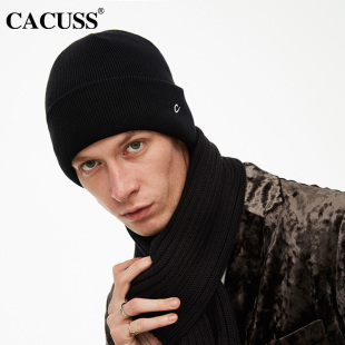 CACUSS毛线帽男秋冬韩版纯棉加绒针织帽子黑色冷帽潮女保暖复古帽
