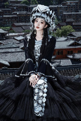 苗族服装女黑色纱裙礼服苗疆少女少数民族旅拍舞台摄影写真服饰新