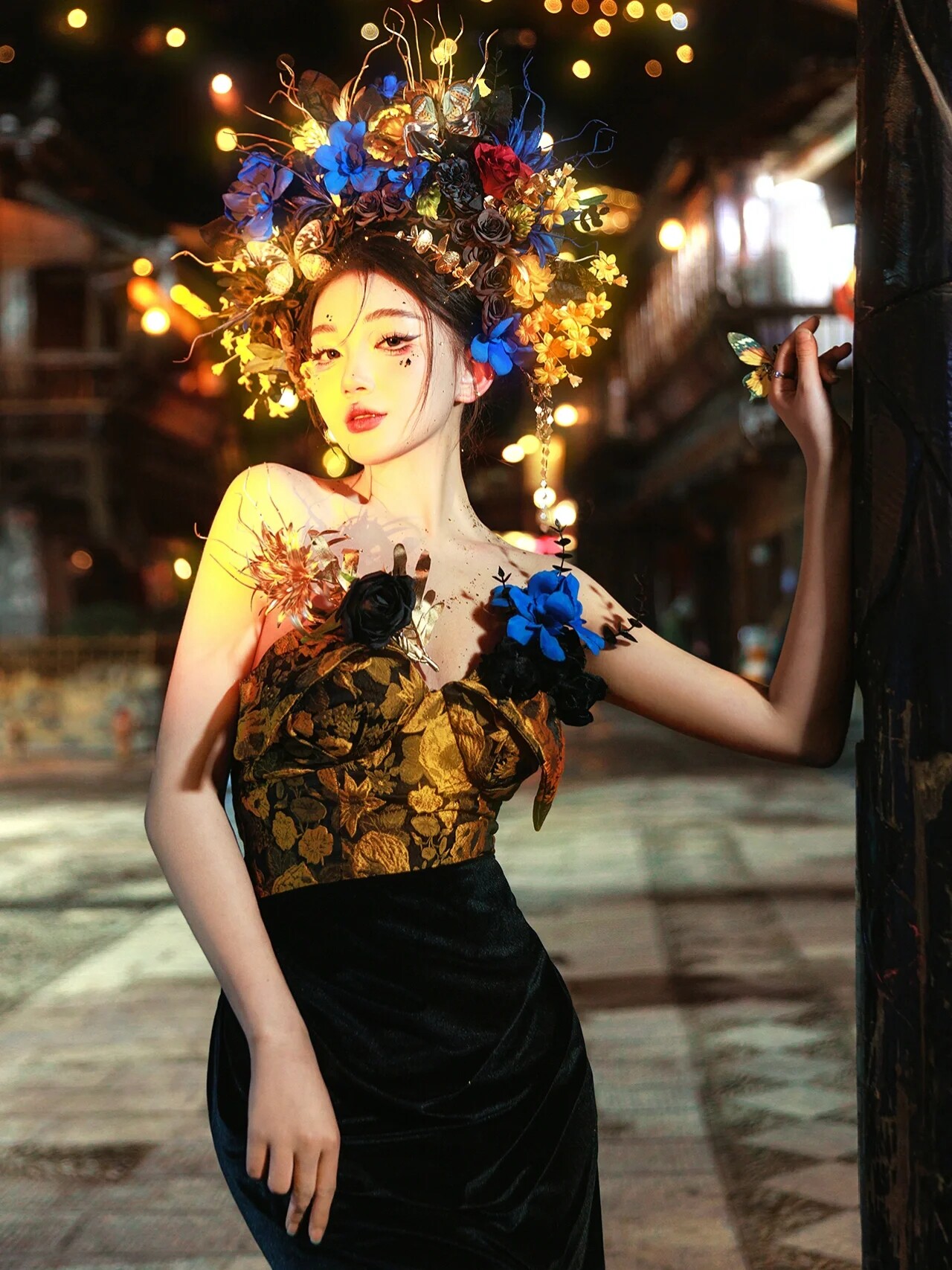 黑暗风系泉州浔埔村女簪花服新中式丝绒连衣裙旅拍摄影演出服新款