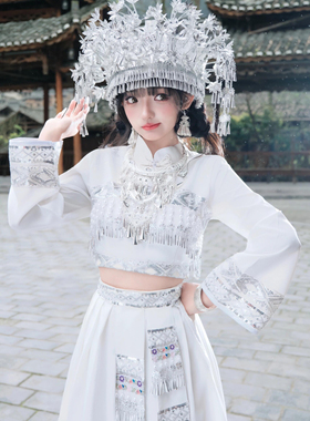 苗疆少女苗族服装女全套简约白色小清新土家族民族风苗寨旅拍服新