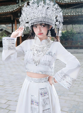 苗疆少女苗族服装女全套简约白色小清新土家族民族风苗寨旅拍服新