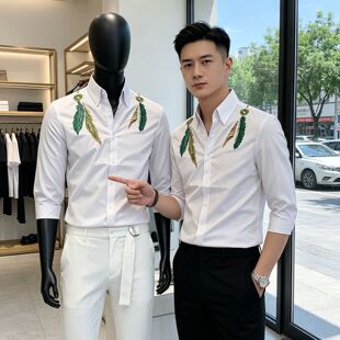 轻奢夏季时尚刺绣衬衫男七分袖修身小版中袖潮男痞帅韩版潮流衬衣