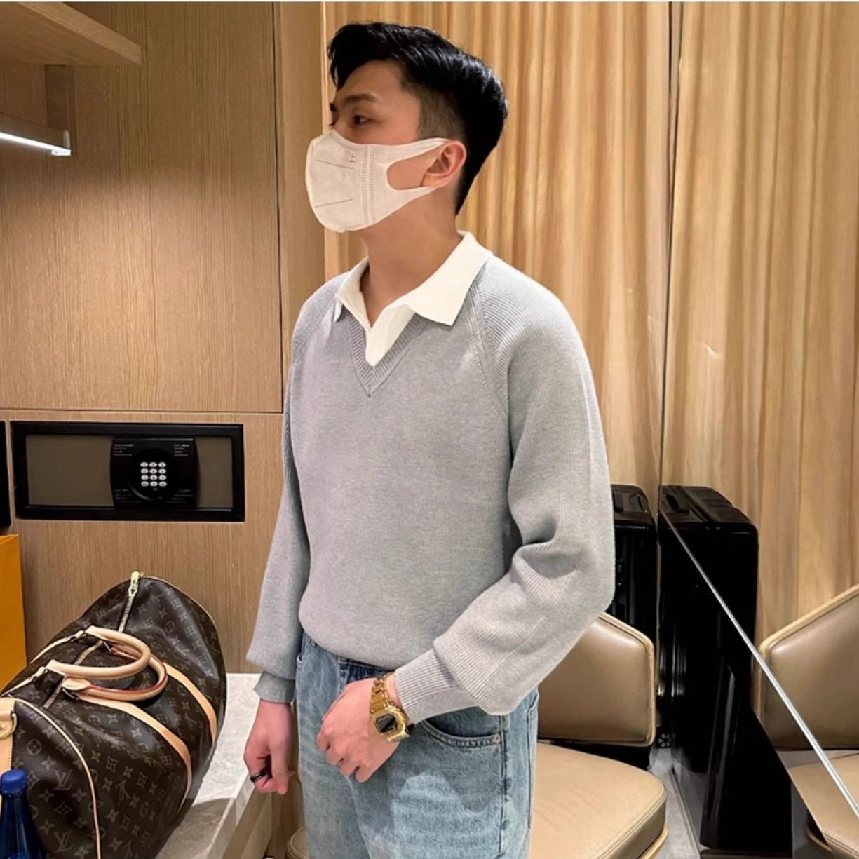 秋冬季复古休闲假两件毛衣男士翻领拼接POLO衫韩版修身针织衫上衣