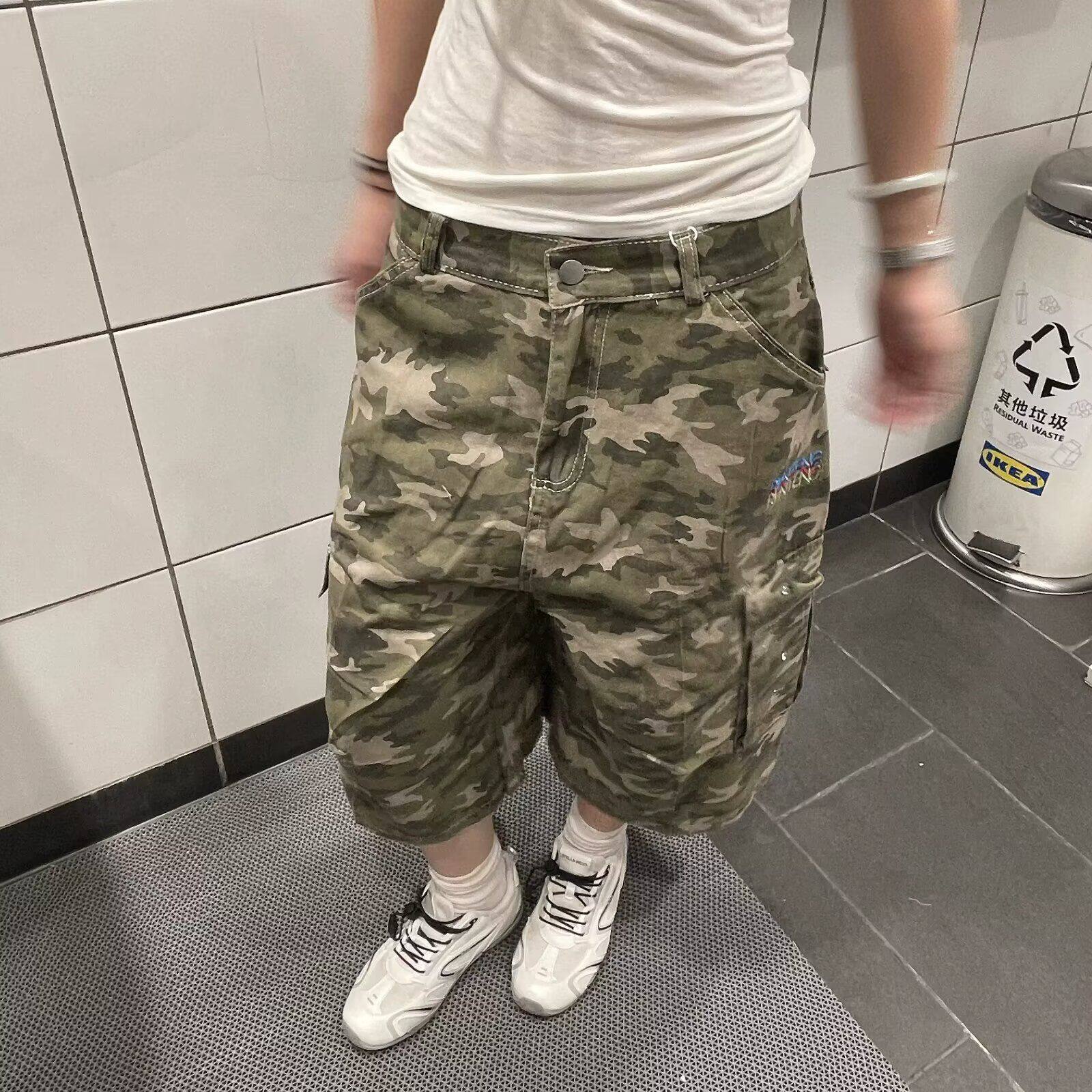 美式复古牛仔迷彩刺绣工装七分裤男女夏低腰宽松中裤工装短裤子潮